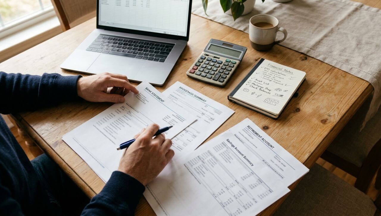 Reviewing Assets for Mortgage Qualification Person reviewing financial documents beside a laptop and calculator