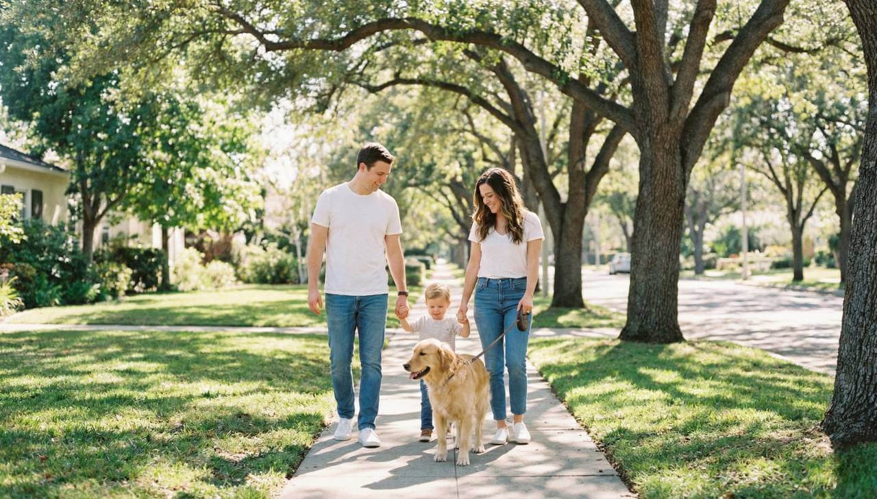 family walking dog in safe los angeles suburb