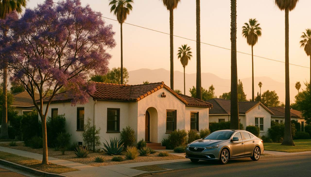 spanish style house in los angeles suburbs at sunset