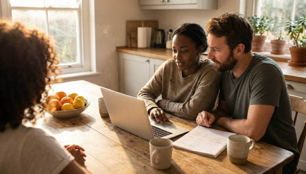 couple calculating mortgage payments on laptop