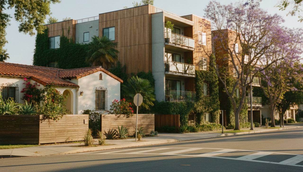 spanish style single family home next to modern apartment building