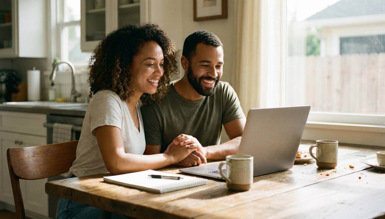 couple reviewing mortgage rate lock agreement on laptop